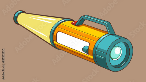 A rechargeable flashlight with a strong bright beam that is able to illuminate even the darkest corners. Its compact size and lightweight body make it. Cartoon Vector.