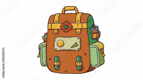 A rather bulky and worn backpack filled with pockets and zippers showing signs of welltraveled adventures through its faded patches and stickers.. Cartoon Vector.