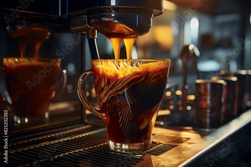 Pouring freshly brewed coffee from machine in restaurant setting with blurred background