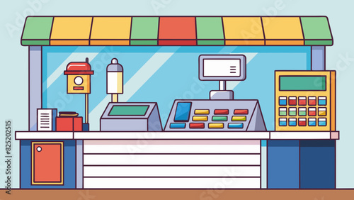 a retail store counter The sleek and modern counter is the focal point of the store showcasing various products on display shelves behind it. A cash. Cartoon Vector.
