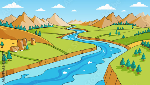 A river flowing endlessly through the valley its clear waters constantly changing and carrying lifegiving nutrients to the surrounding landscape.. Cartoon Vector.