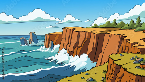 A rugged coastline with rocky cliffs and crashing waves. The salty air fills your lungs as you listen to the soothing rhythm of the ocean.. Cartoon Vector.