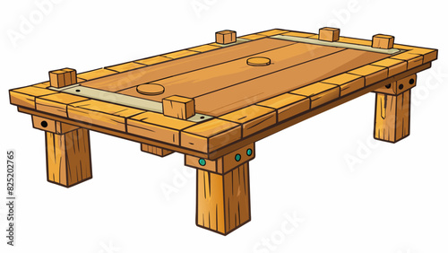 A rustic farmhousestyle dining table made of sy reclaimed wood and adorned with handcarved details. The worn edges and natural imperfections give it a. Cartoon Vector.