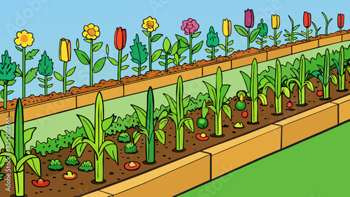 A row of neatly organized vegetable garden beds fill the lot with tall stakes supporting climbing plants and brightly colored flowers growing in. Cartoon Vector.