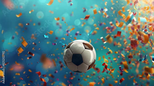 Celebração de bola de futebol, troféu e confete photo