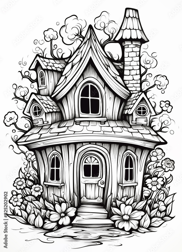 a black and white drawing of a house with a chimney