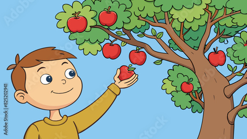 A second illustration features a childs arm reaching up to pluck a bright red apple from a tree. The arm is thin and unblemished with tiny dimples. Cartoon Vector.