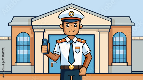 A security guard standing tall at the entrance of a government building wearing a badge and holding a walkietalkie. The guards uniform and official. Cartoon Vector.