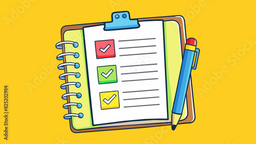 A selfhelp book about organization and productivity. The cover features a bright yellow notebook with neatly written todo lists and a set of colorful. Cartoon Vector.