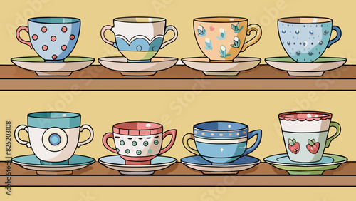 A set of mismatched vintage tea cups and saucers displayed on a shelf labeled with discounted prices. The objects showcase unique patterns and. Cartoon Vector.