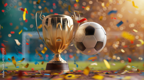 Celebração de bola de futebol, troféu e confete