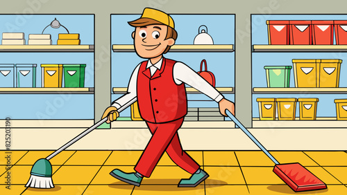 As he walked through the store the staff members shoes squeaked against the shiny floors. He wore a bright red vest and carried a broom ensuring the. Cartoon Vector.