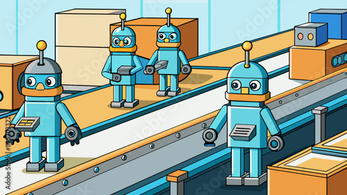 A shiny assembly line operates like a welloiled machine with robots and conveyor belts working in sync to produce goods at lightning speed. The. Cartoon Vector. photo