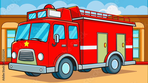 A shiny red fire truck parked at the station fully fueled and ready to rush to the scene and save the day.. Cartoon Vector.