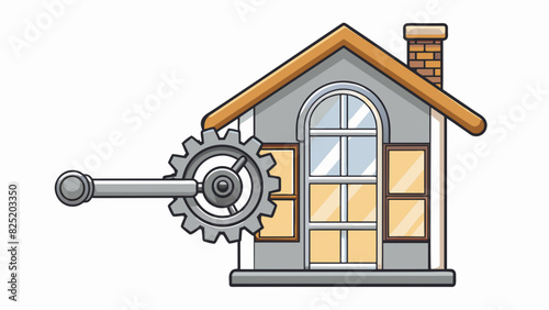 A silver hand crank with a small handle and gear mechanism used to raise and lower a window on a quaint Victorian home.. Cartoon Vector.