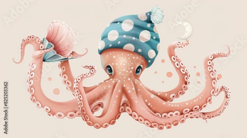 Cute cartoon octopus wearing a sleeping hat for kids and baby design
