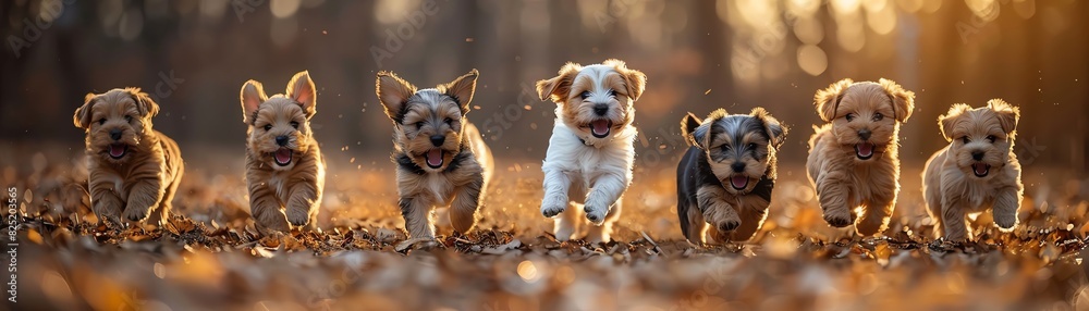 Adorable group of puppies running joyfully through a forest path during autumn, showcasing their playful and energetic nature.