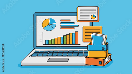 A sleek laptop and a stack of financial reports portray a career in accounting. The laptop symbolizes the use of technology and data analysis while. Cartoon Vector.