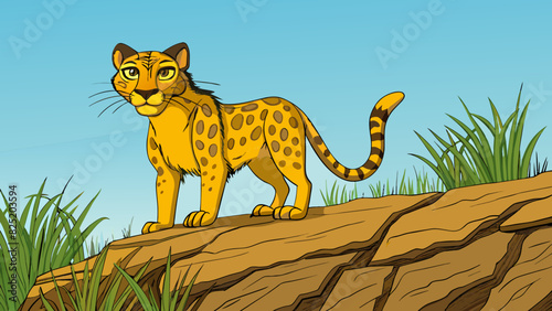 A sleek predator with piercing yellow eyes perches on a rocky ledge scanning the vast expanse of the savannah below. Its spotted coat blends in. Cartoon Vector.