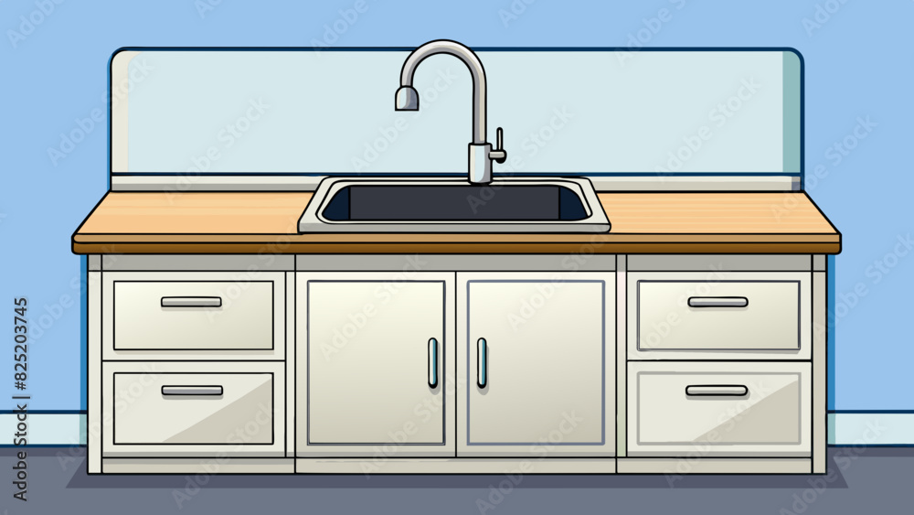 A small kitchen with white cabinets and a black marble countertop. The cabinets have simple silver handles and the countertop has a smooth and glossy. Cartoon Vector. A small kitchen with white cabinets and a black marble countertop. The cabinets have simple silver handles and the countertop has a smooth and glossy. Cartoon Vector.