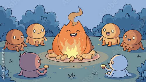 A small campfire crackled peacefully the glowing embers casting a soft orange light onto the faces of those gathered around it. The gentle warmth of. Cartoon Vector.