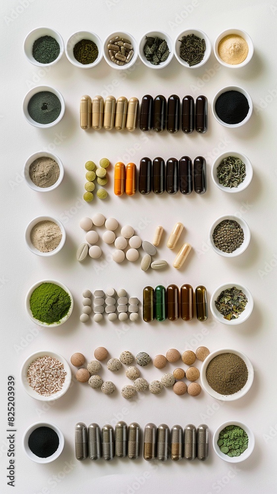 Variety of herbal supplements, including capsules, tablets, and powders, laid out on a white background Variety of herbal supplements, including capsules, tablets, and powders, laid out on a white background