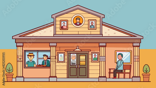 A small rural bank located in a cozy oldfashioned building. The interior is warm and welcoming with framed photos of the local community displayed on. Cartoon Vector.