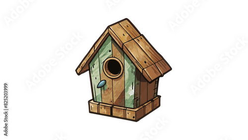 A small wooden birdhouse weathered from years of exposure with chipped paint and a tiny circular hole in the front for birds to enter.. Cartoon Vector.