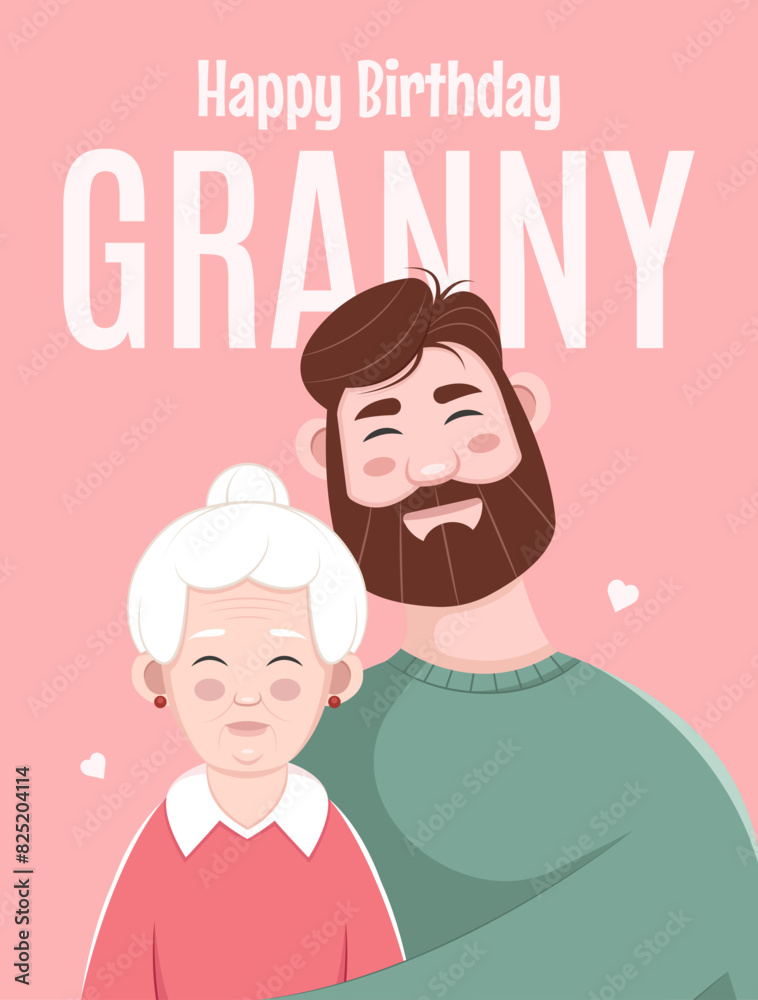 Happy birthday granny. Greeting card with flat characters. A grandmother and her grandson. Vector illustration.
