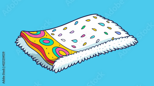A soft rectangular cloth with colorful patterns on one side and a fluffy white material on the other perfect for keeping warm and cozy on chilly. Cartoon Vector.