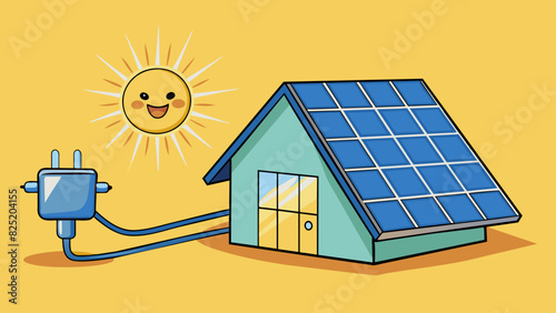 A solar panel absorbing sunlight and converting it into electrical energy as seen by the glowing lights of a house powered by solar energy.. Cartoon Vector.
