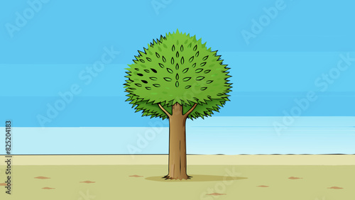 A solitary tall tree standing on a vast plain with no other trees for miles. Its trunk is smooth and straight with sp spiky leaves at the very top. Cartoon Vector.