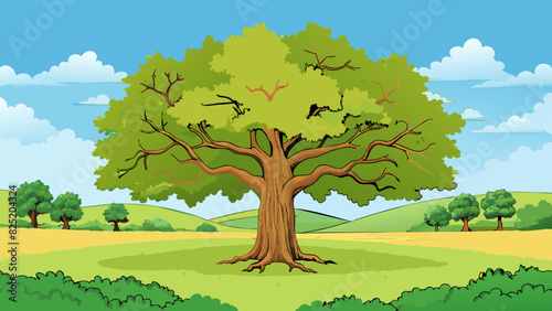 A sprawling oak tree in the middle of a vast field its strong gnarled branches dwarfing all other vegetation that surrounds it.. Cartoon Vector.
