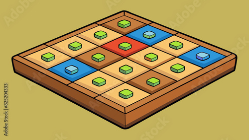 A square wooden game board with different colored squares and pieces. The objective is to strategically move the pieces to capture the opponents. Cartoon Vector.