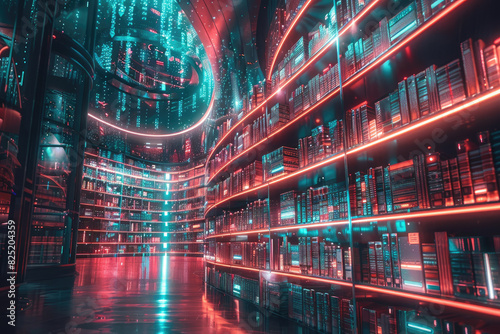A futuristic library with neon lights and shelves of books. The atmosphere is bright and futuristic, with the bookshelves stretching out in a long, narrow hallway photo