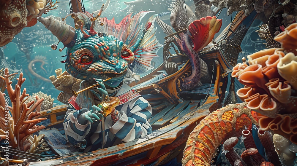 Fototapeta premium Cute fantasy creature playing a trumpet on a shipwreck