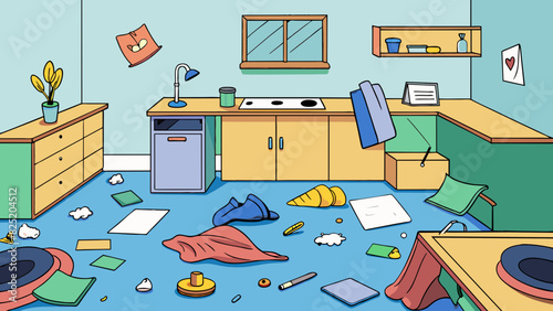 A state of chaos The object is a messy room with clothes thrown all over the floor papers tered on the desk and dishes piled up in the sink. The air. Cartoon Vector.