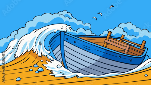 As the boat approached the shore the sound of crashing waves became louder and the salty sea breeze grew stronger. The hull of the boat was painted a. Cartoon Vector.