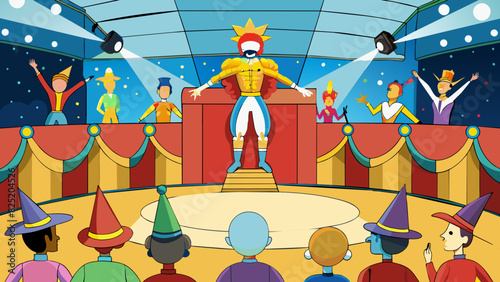 As the curtains od the audience was greeted with an unbelievable sight a stage filled with acrobats and dancers performing gravitydefying feats. Cartoon Vector.