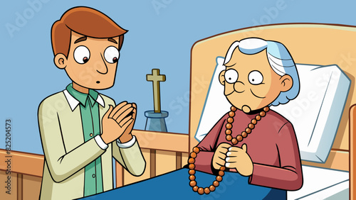 As the minister sat at the bedside of a dying parishioner she held onto a set of worry beads the smooth wooden beads worn down from years of use. With. Cartoon Vector.