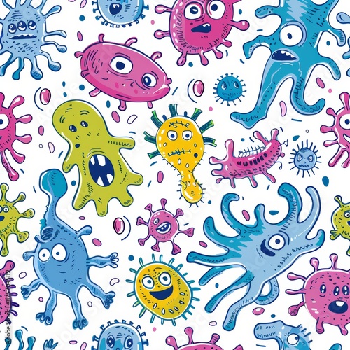 Colorful Seamless Pattern of Cartoon Germs for Public Health Campaign Wrapping Design