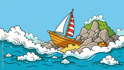 As the waves crashed against the rocky shoreline the tiny sailboat bobbed up and down resilient and unperturbed despite the rough seas.. Cartoon Vector.