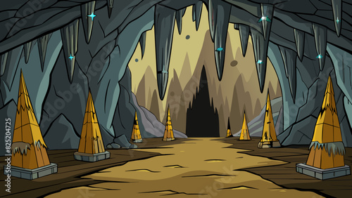 As they entered the dark musty cave the walls seemed to close in on them. Stalactites hung from the ceiling their sharp points glinting in the dim. Cartoon Vector.