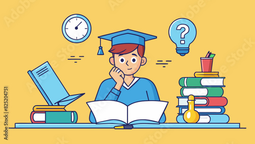 A student diligently studying for hours every day gradually gaining knowledge and understanding in their chosen subject. Their gain is reflected in. Cartoon Vector.