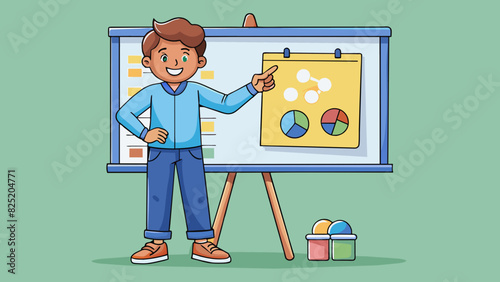 A student standing in front of a whiteboard confidently presenting their project with colorful visual aids and engaging body language.. Cartoon Vector.