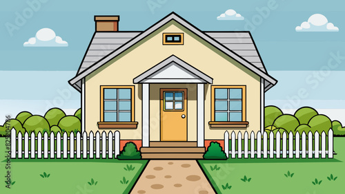 A suburban house with a neatly trimmed lawn and a white picket fence. The exterior is painted in a soft cream color with black shutters on the. Cartoon Vector.
