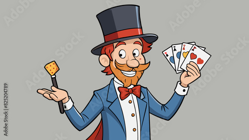 A street magician surprises and delights passersby with a series of sleight of hand tricks. His worn top hat and elaborate deck of cards reveal his. Cartoon Vector.