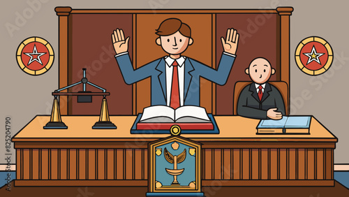 As the witness took their oath their hand rested on a dark wooden Bible p on a small table in the center of the courtroom. Behind them a large seal of. Cartoon Vector.