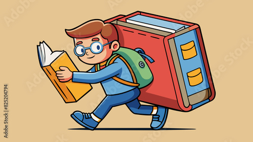 A student pushing a heavy book into their backpack. The book has a hardcover and is filled with paper pages.. Cartoon Vector.