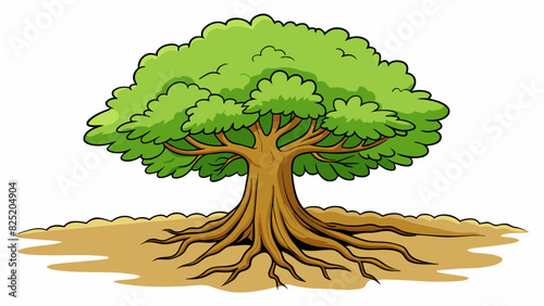 A sy and imposing oak tree with thick roots firmly planted in the ground showcasing its power to withstand strong winds and grow tall and resilient.. Cartoon Vector.